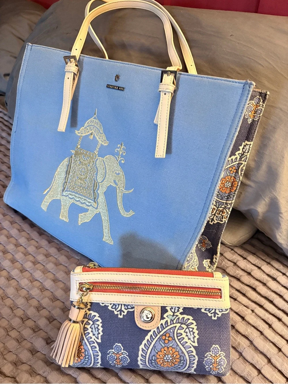 Spartina 449 Lg Canvas Tote & Clutch Yellow Elephant Print and Paisley